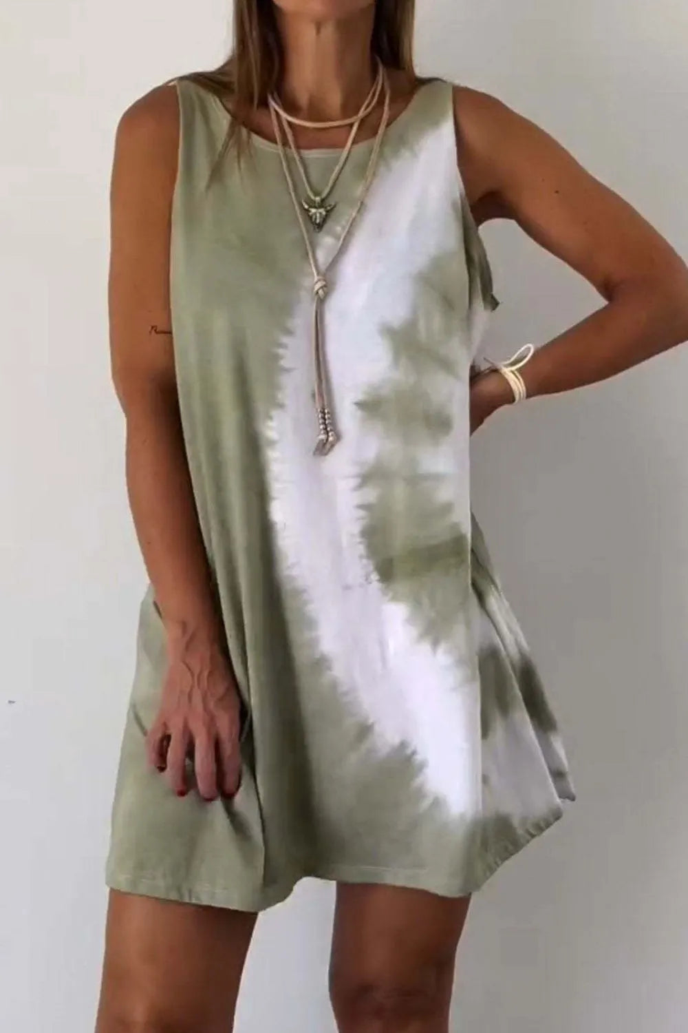 Tie-Dye Sleeveless Mini Tank Dress in Camel