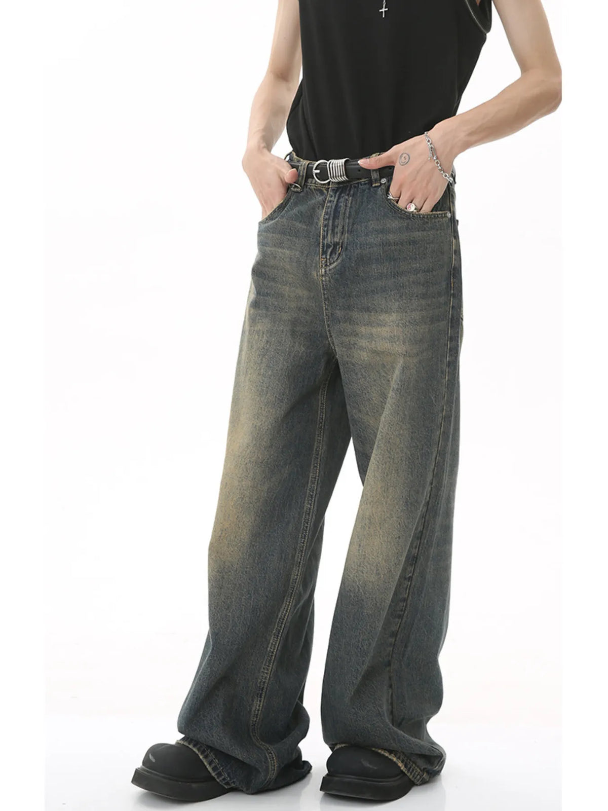 Vintage Wash Wide Leg Jeans in Dark Blue by Firm Stand