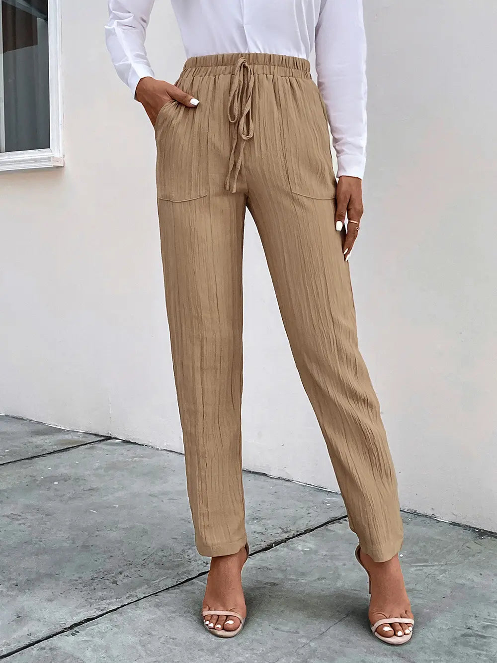 Textured Drawstring Pants in Tan
