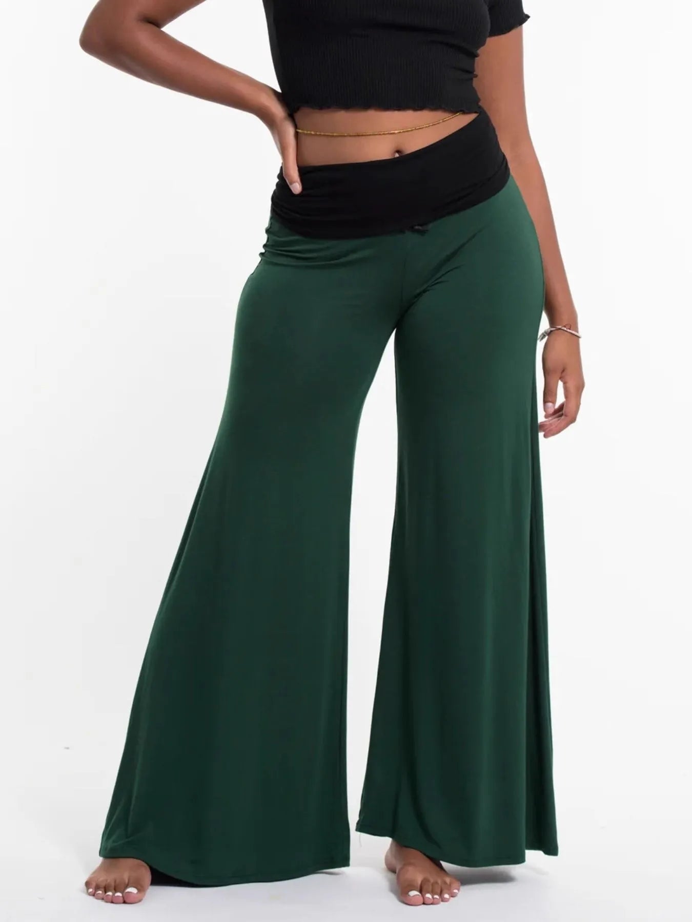 High-Waisted Wide Leg Yoga Pants with Contrast Waistband by Mystique Q