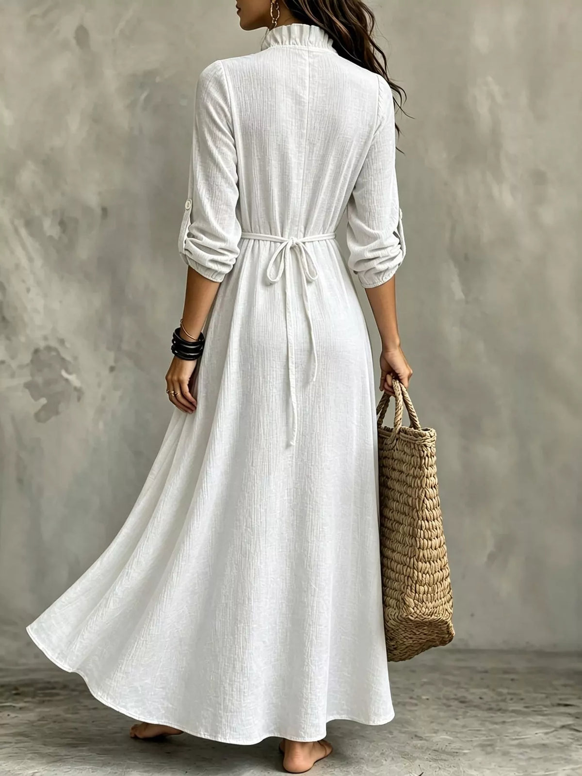 Frill Roll-Up Sleeve Maxi Dress