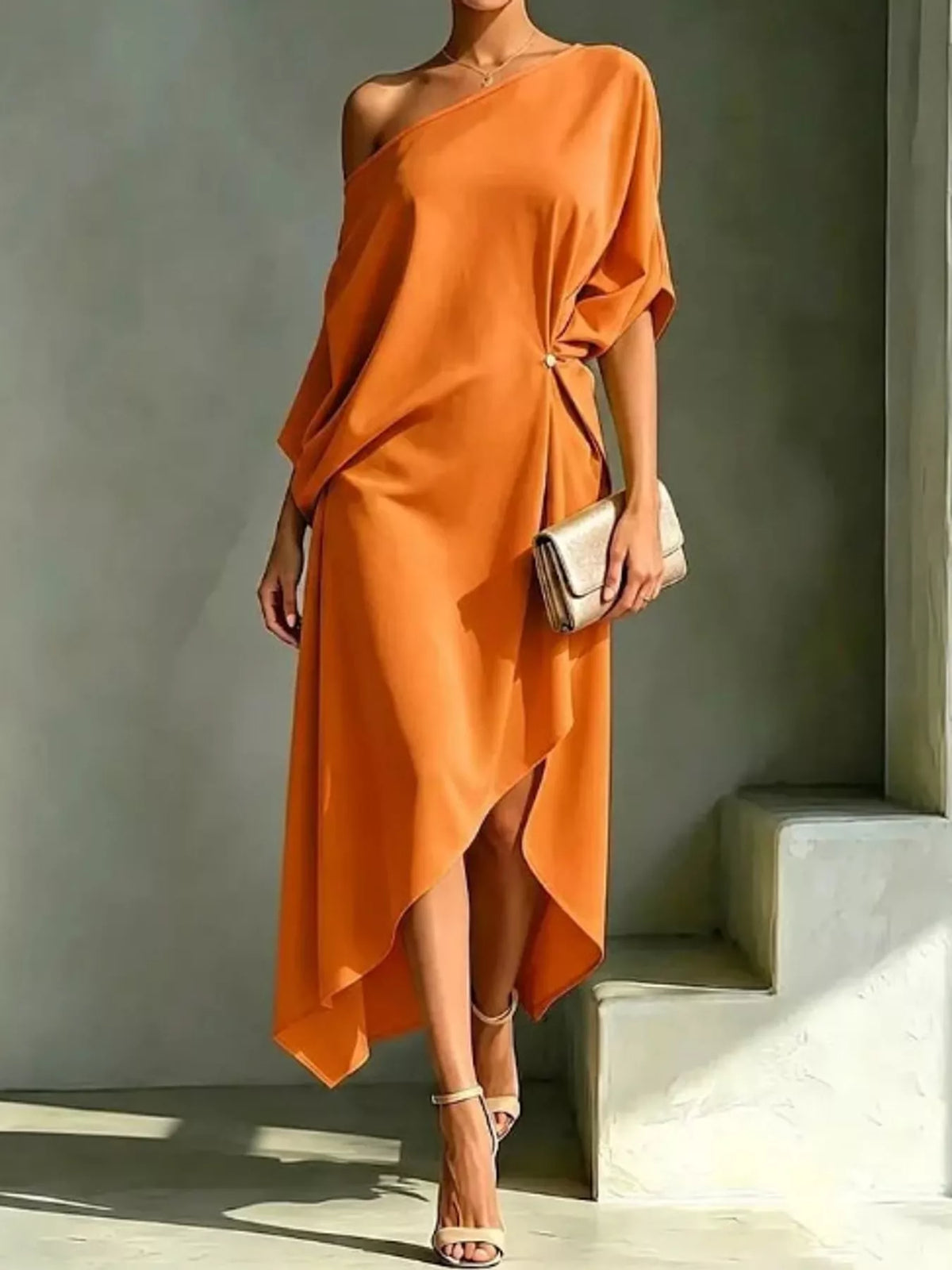 One-Shoulder Asymmetric Hem Midi Dress