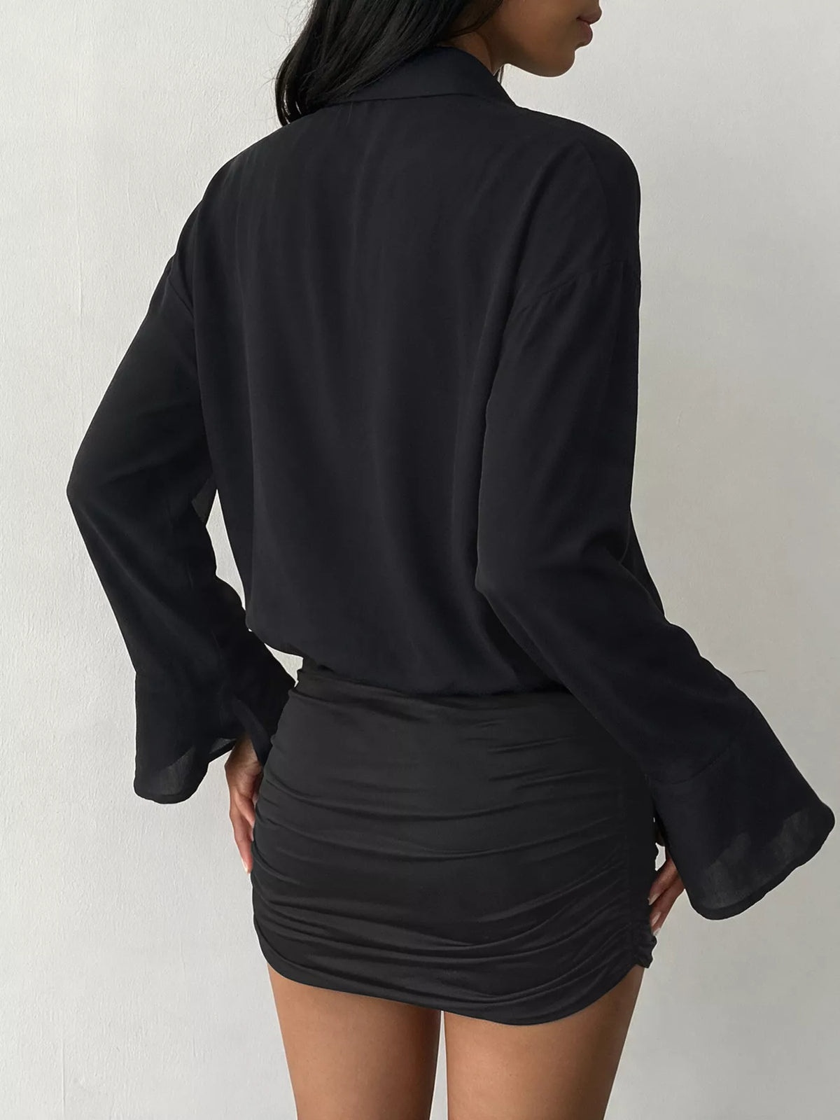 Button-Front Flounce-Sleeve Shirt Dress in Black