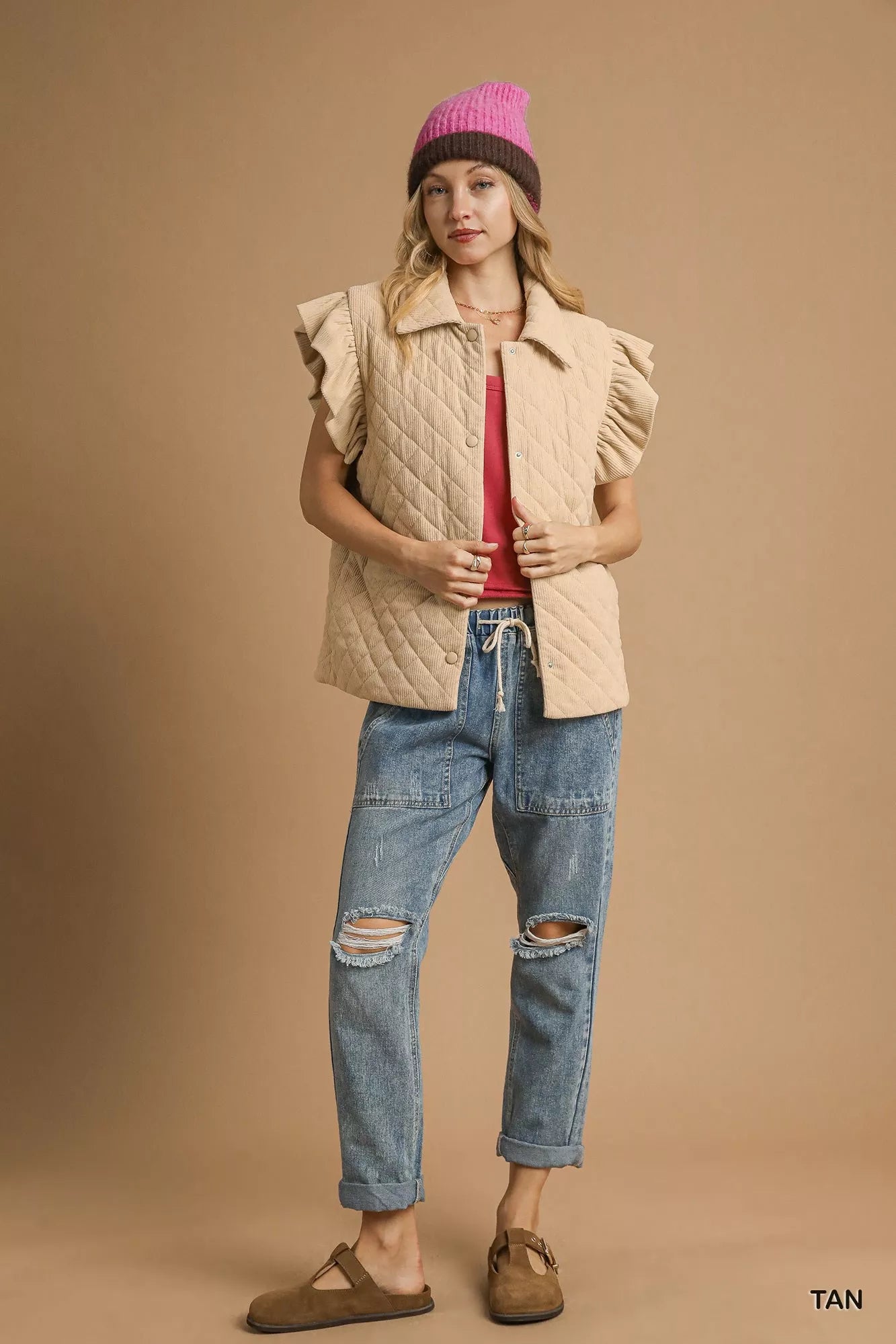 Umgee Corduroy Ruffle Sleeve Vest in Tan