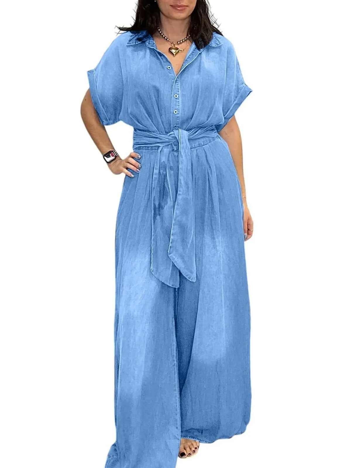 Button Front Wide Leg Denim Jumpsuit