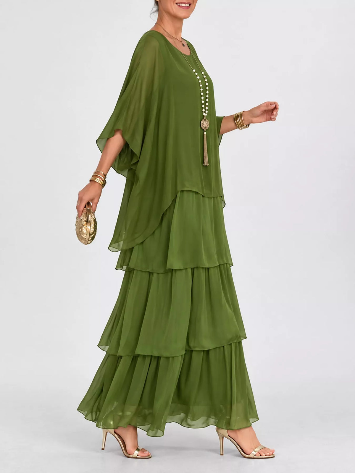 Layered Batwing-Sleeve Tiered Maxi Dress