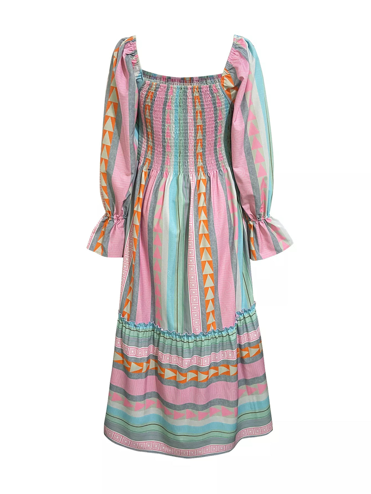 Smocked Square Neck Flounce Sleeve Maxi Dress in Pink