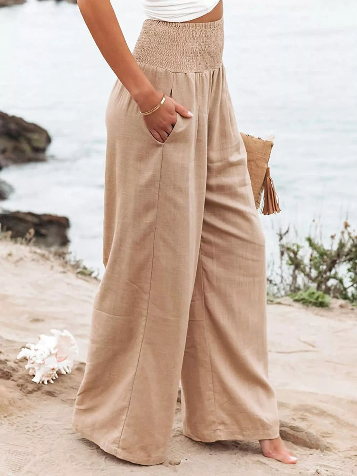 Smocked High-Waisted Wide Leg Pants