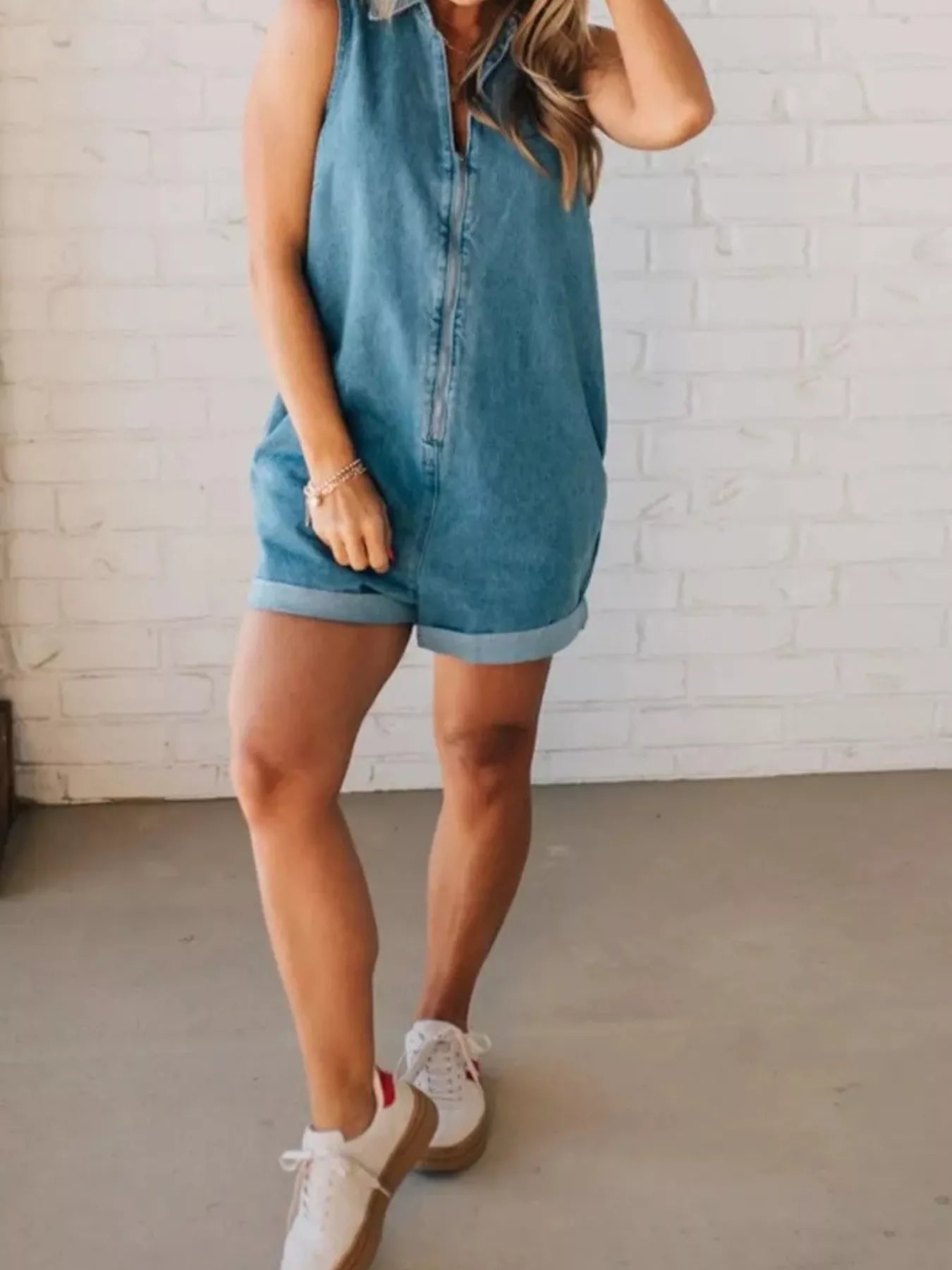 Sleeveless Zip-Up Denim Romper in Blue