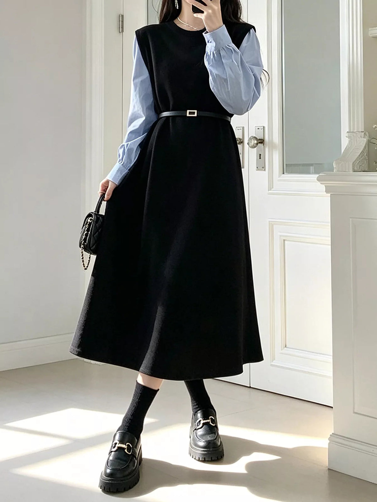 Contrast Sleeve A-Line Dress with Belt in Black