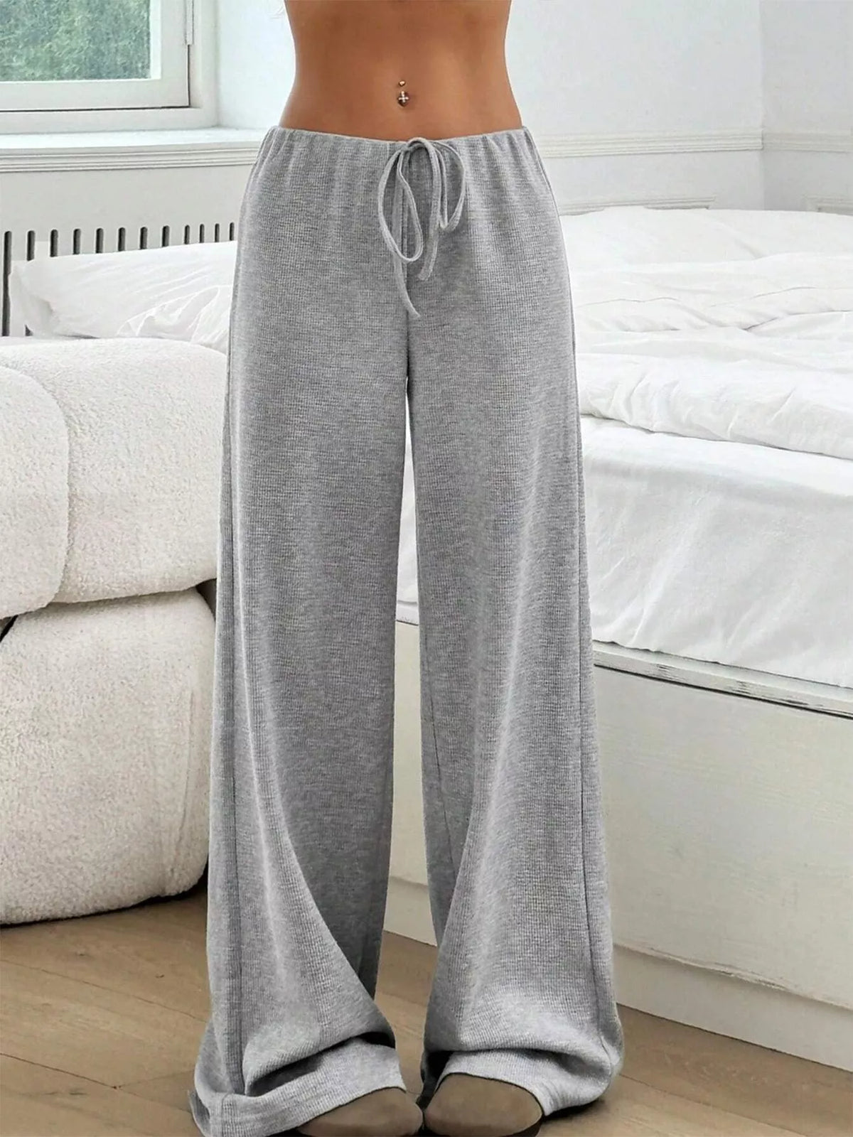 Ribbed Knit Drawstring Wide-Leg Pants