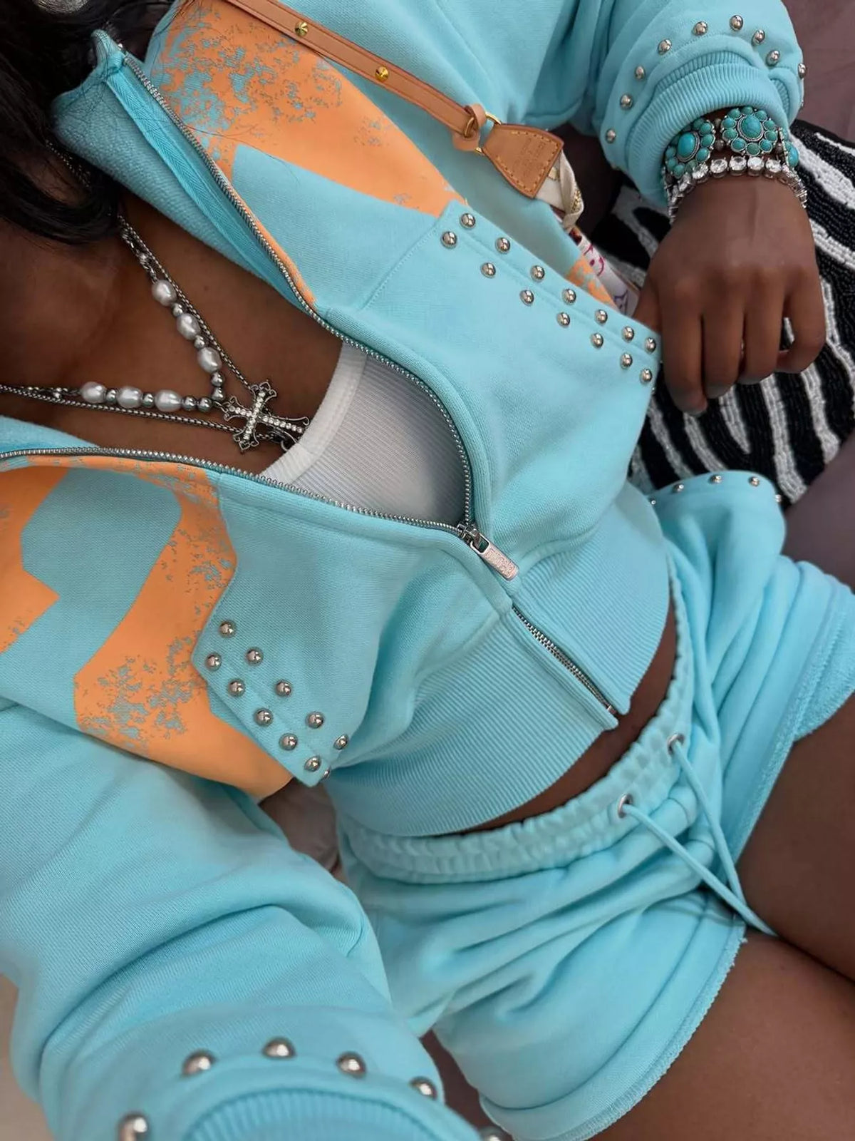 Studded Zip-Up Hoodie and Shorts Set