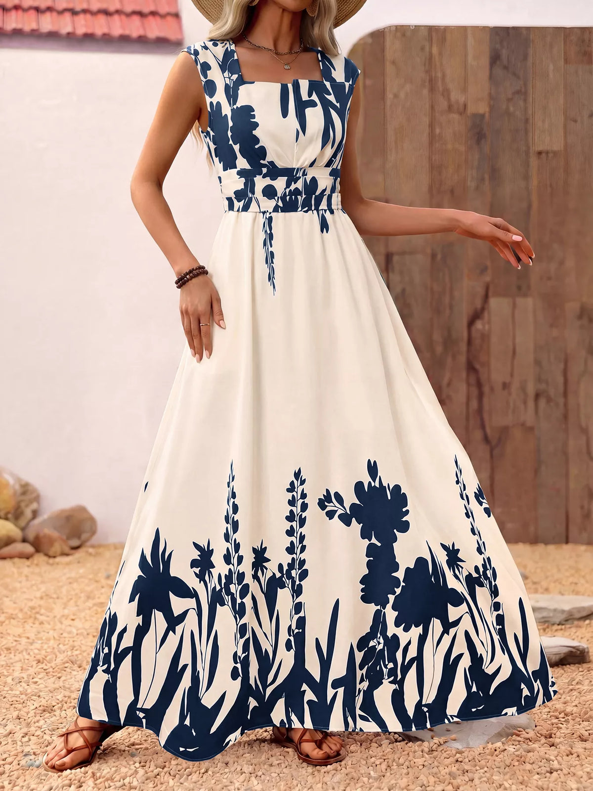 Printed Square Neck Maxi Dress in Blue