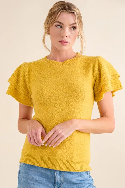 And The Why Ruffle Sleeve Sweater Top in Mustard