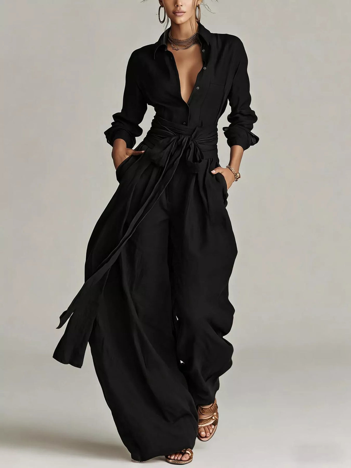 Long-Sleeve Button-Down Waist-Tie Jumpsuit