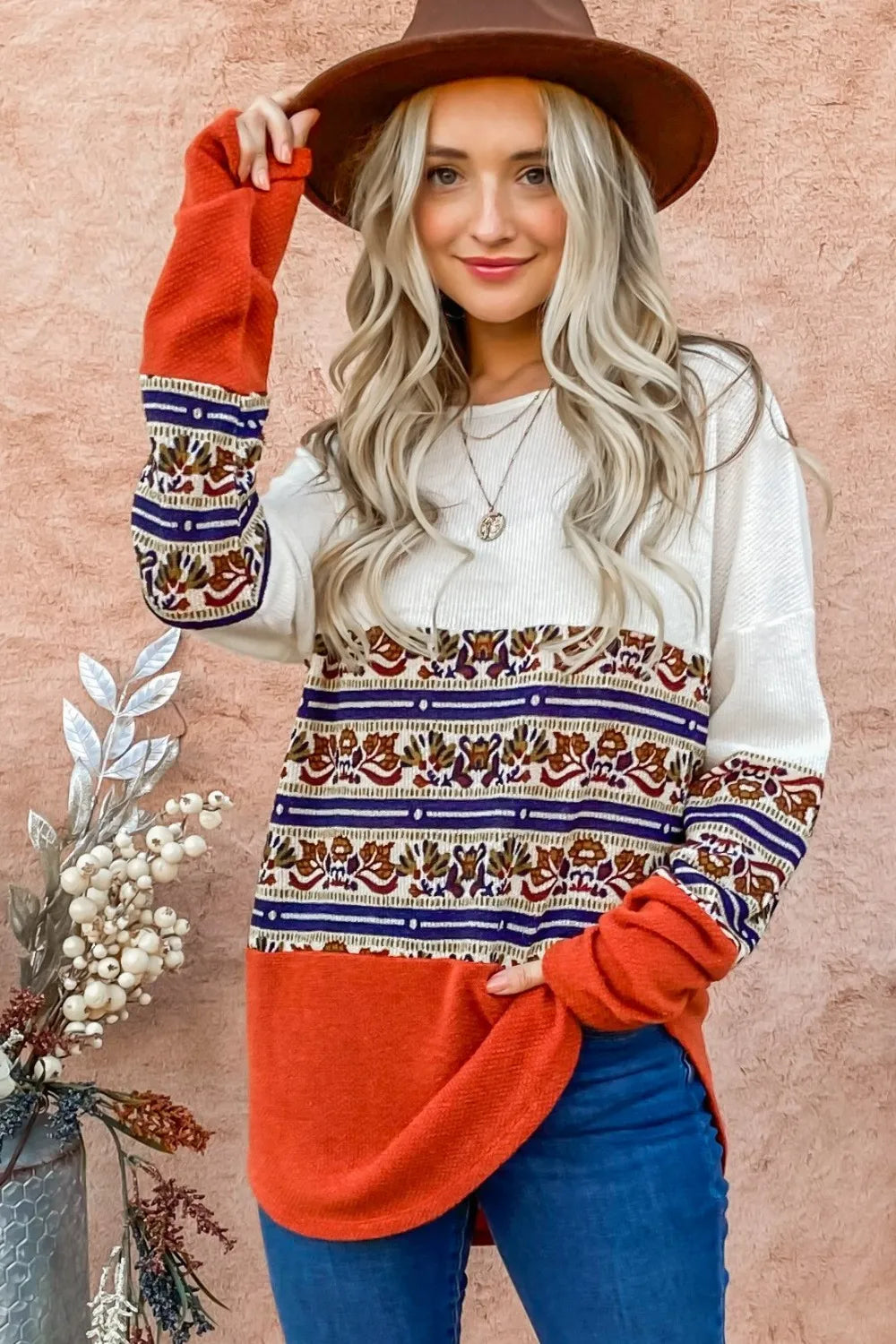 And The Why Ethnic Print Color Block Top in Rust