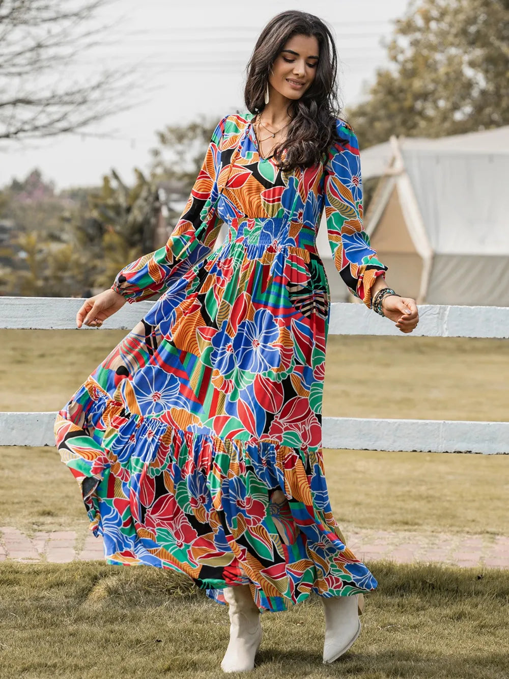 Multicolor Smocked Balloon Sleeve Maxi Dress