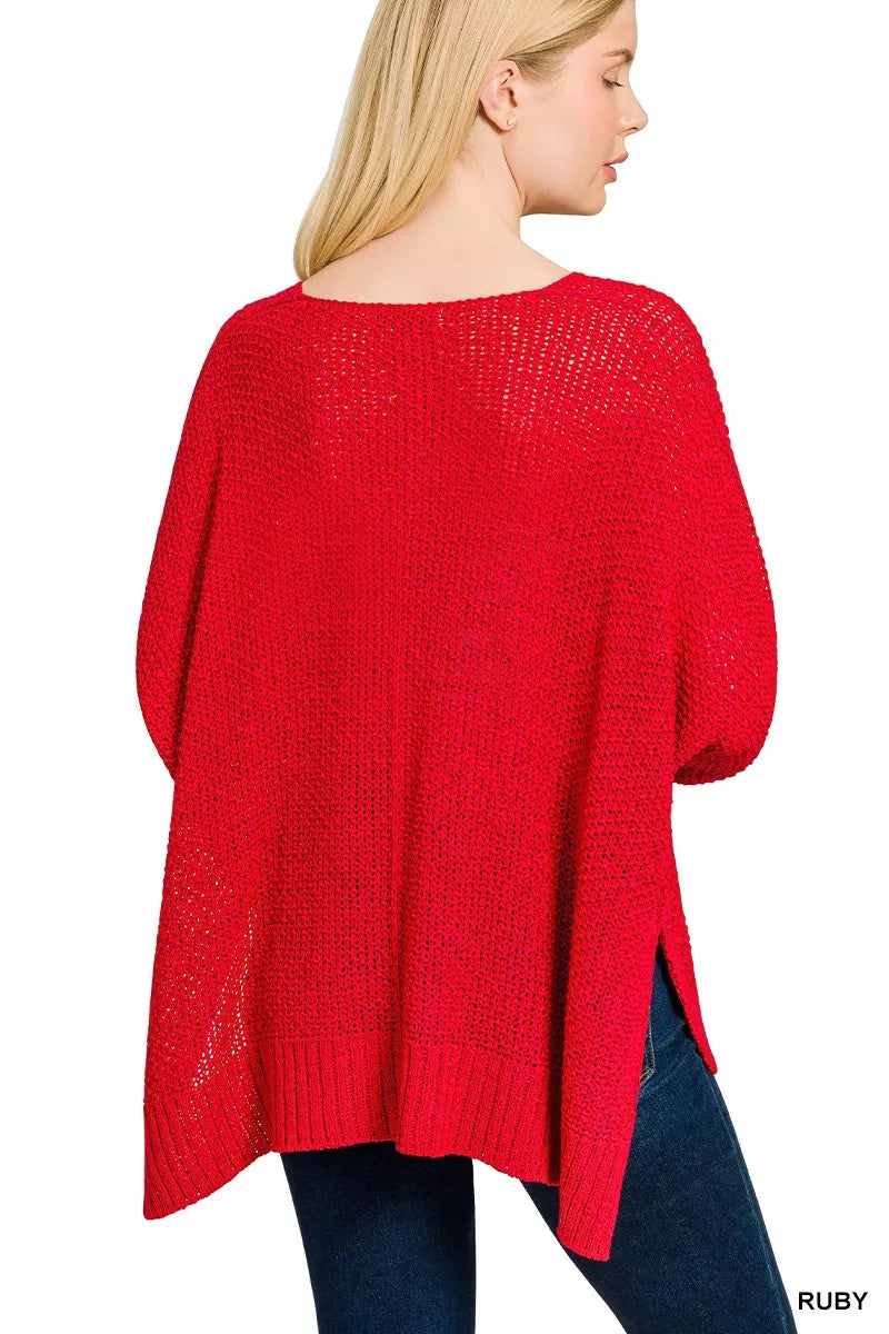 Zenana Dolman Sleeve V-Neck Sweater in Ruby