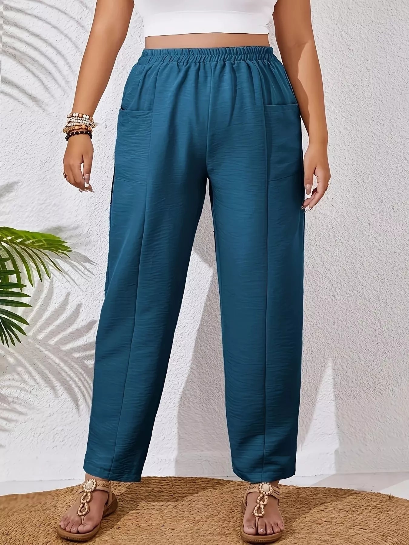 Relaxed Fit Elastic Waist Pants in Deep Teal