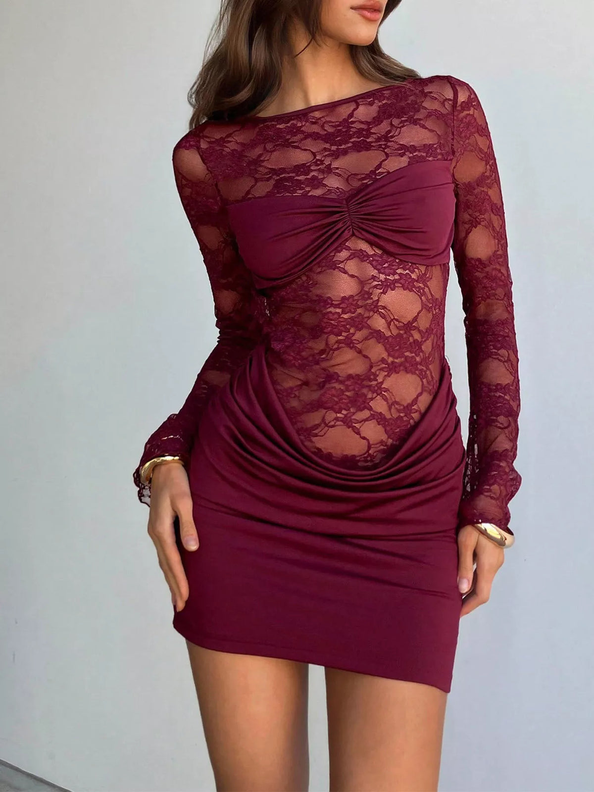 Lace Cutout-Back Ruched Dress in Wine Red