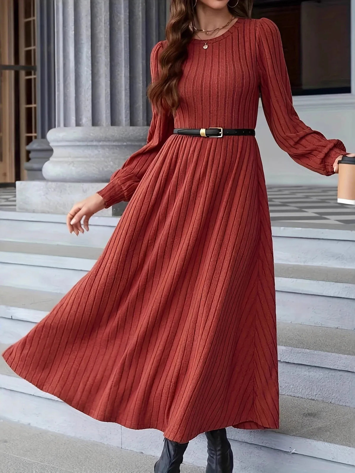 Ribbed Sweater Dress in Rust
