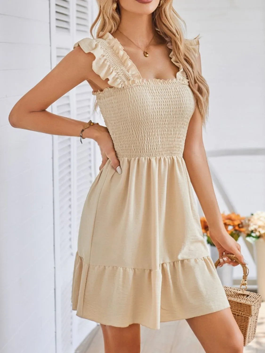 Smocked Square Neck Ruffled Dress in Tan by Gen Beauty