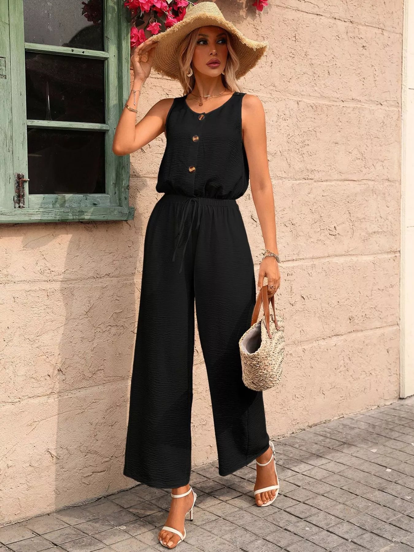Button-Front Wide-Leg Jumpsuit