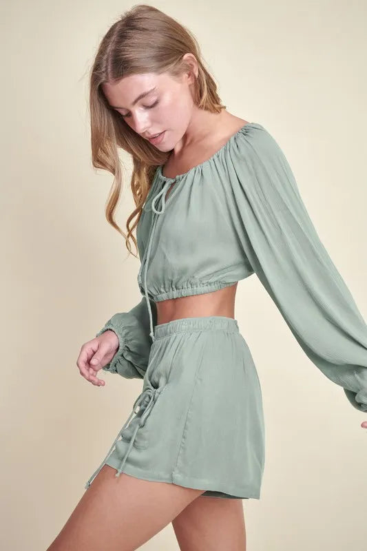 Gauze Button Top & Short Set in Dusty Sage