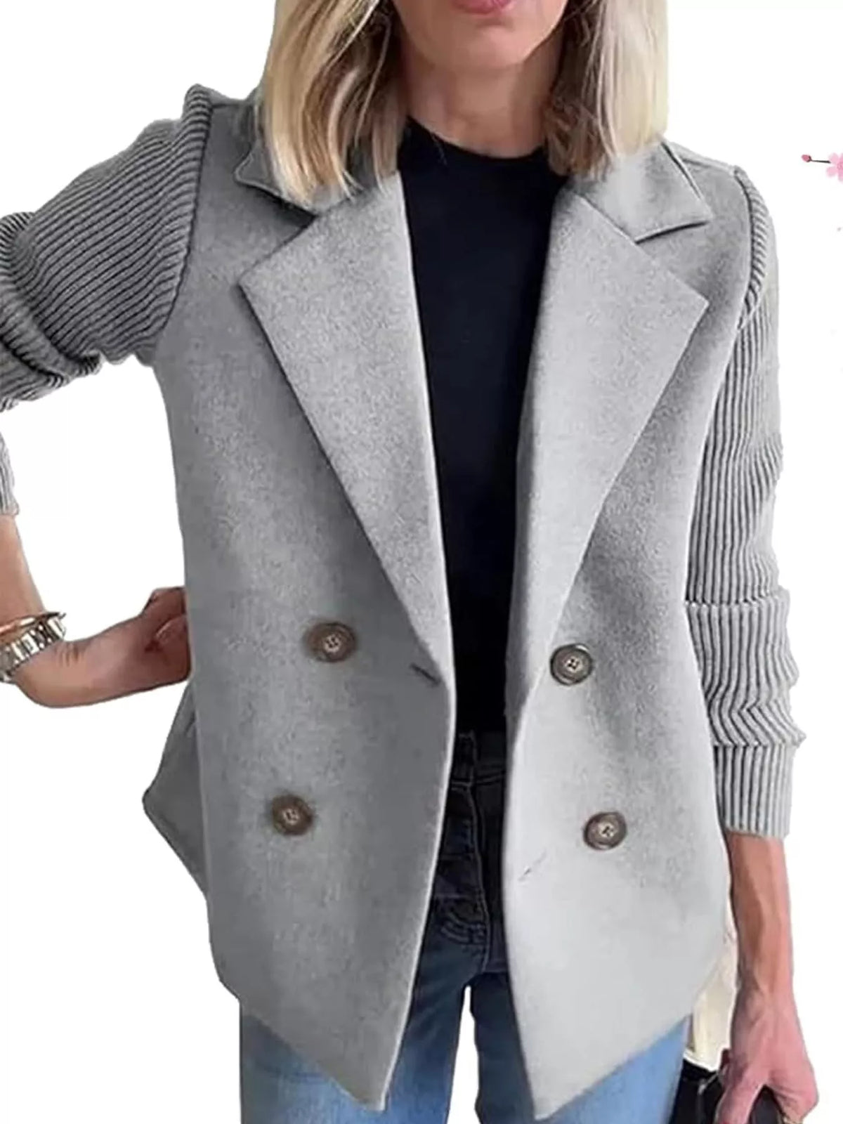 Double-Breasted Hybrid Blazer with Ribbed Knit Sleeves