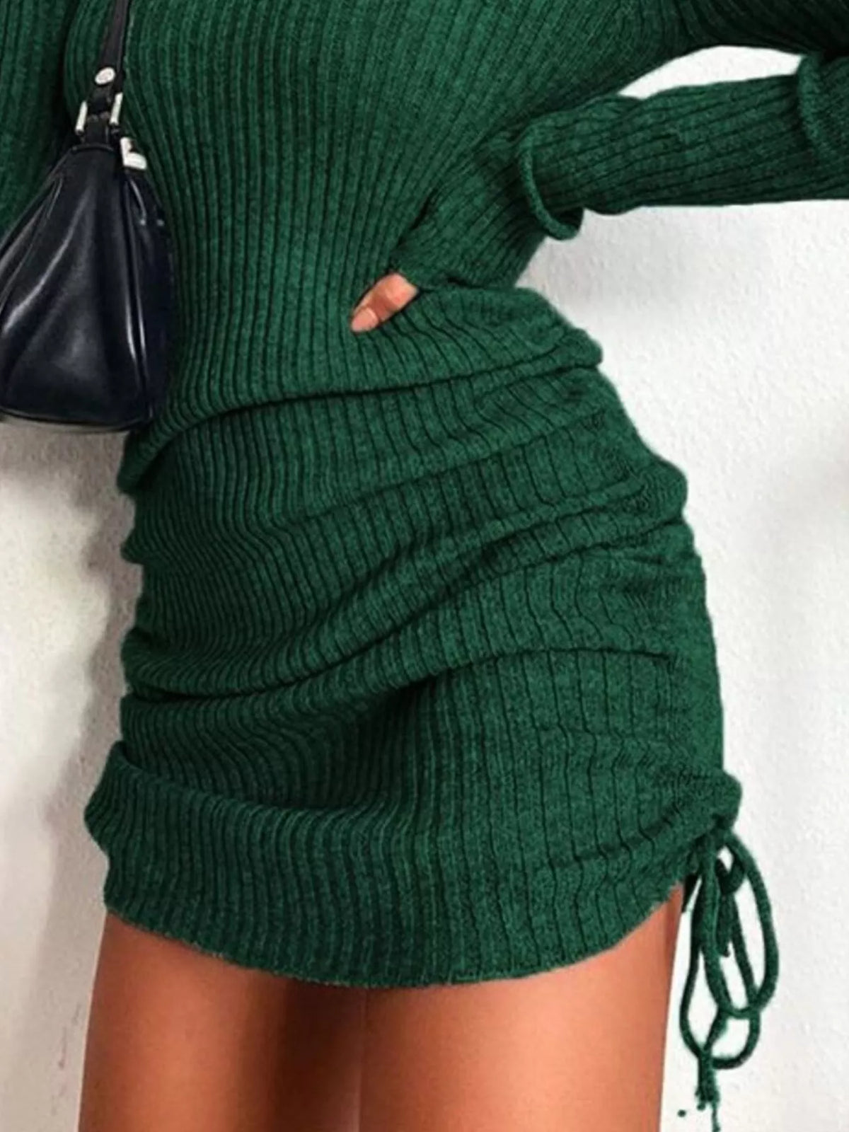 Ribbed Knit Drawstring Bodycon Sweater Dress