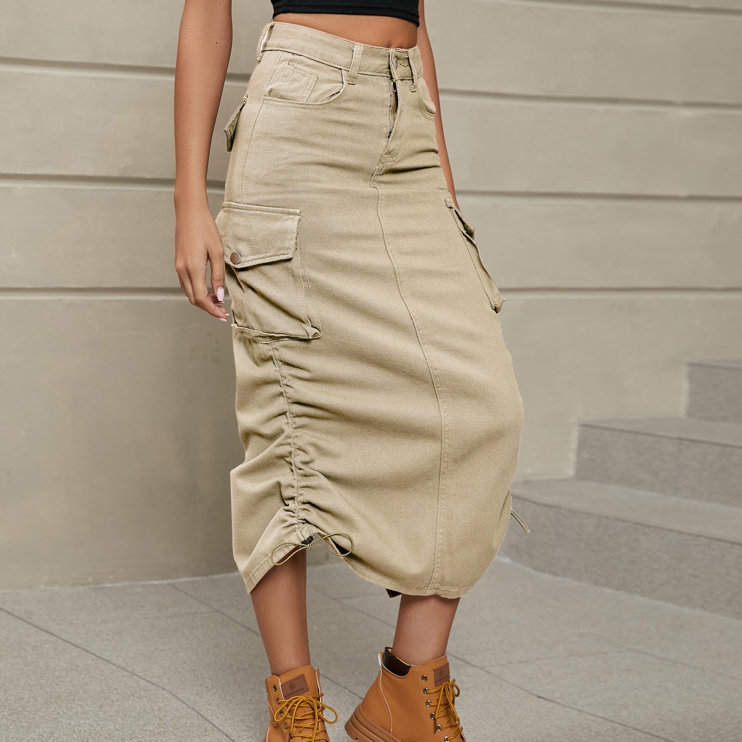 Drawstring Ruched Denim Midi Skirt by Manny