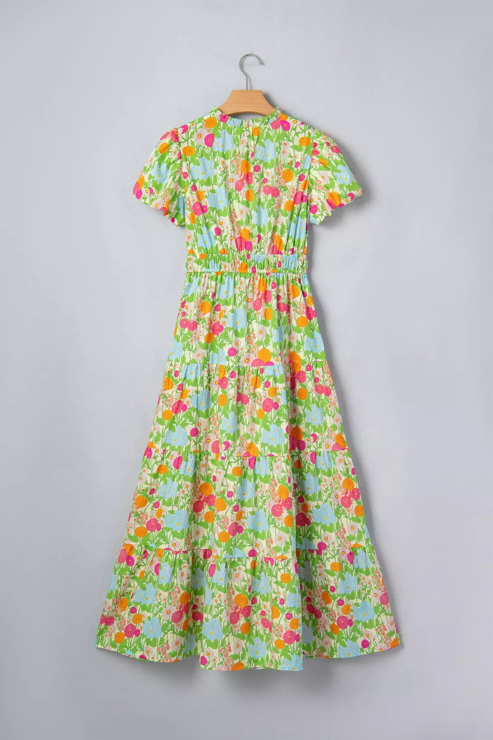 Floral Print V-Neck Puff Sleeve Cotton Maxi Dress in Lime