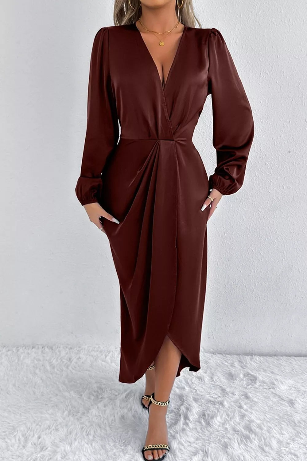 Satin Balloon Sleeve Midi Dress with Side Split