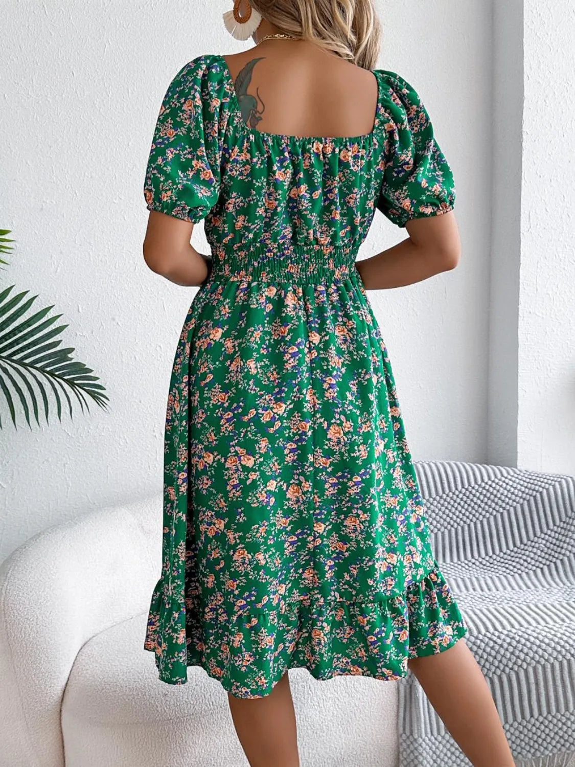 Ruffled Hem Floral Puff Sleeve Dress