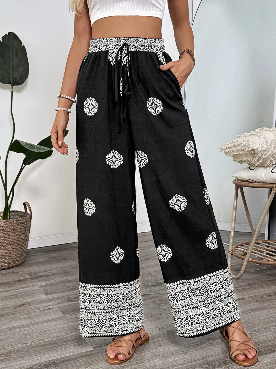 Black Boho Print Wide Leg Pants