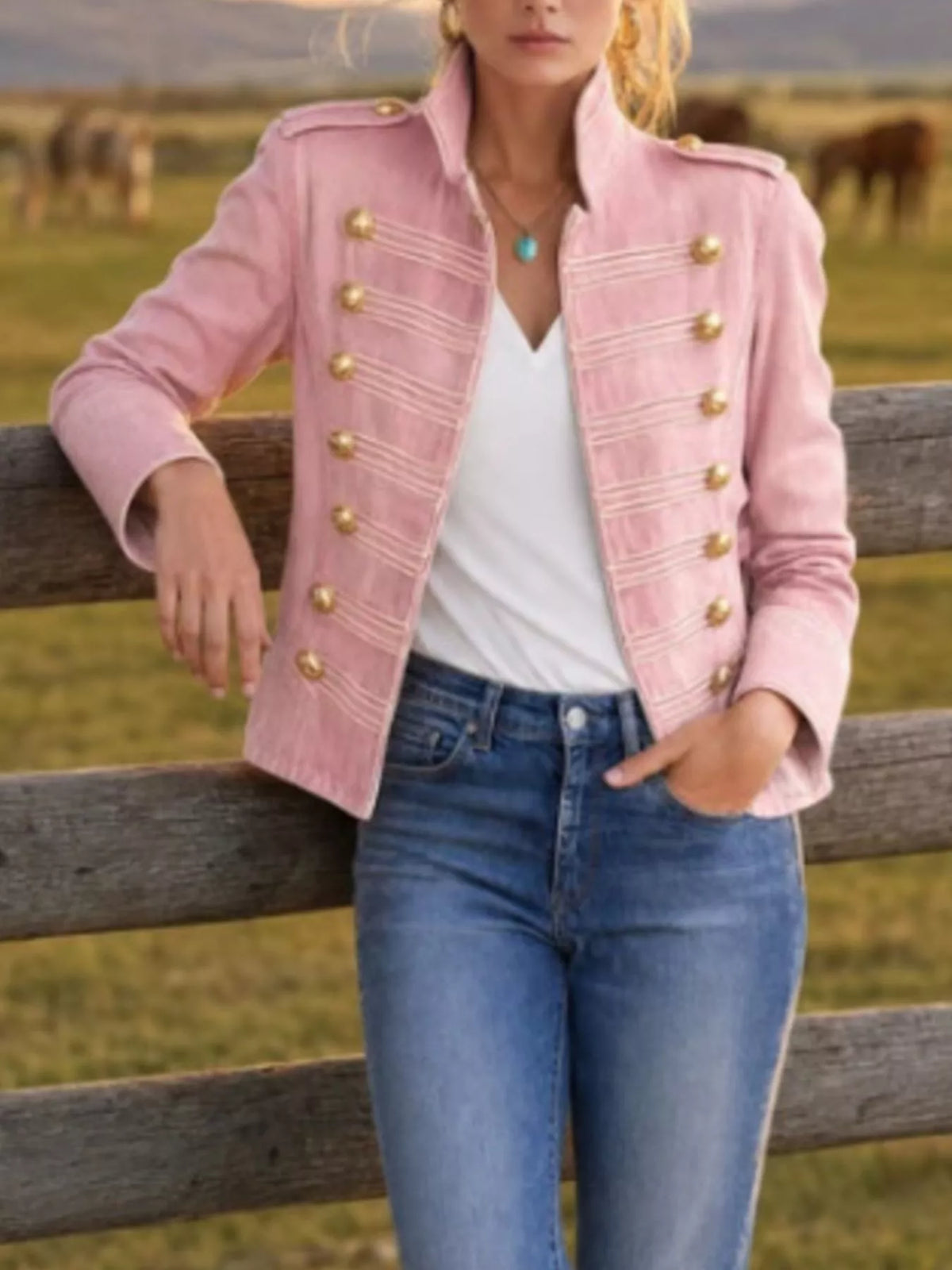 Dusty Pink Military-Inspired Denim Jacket