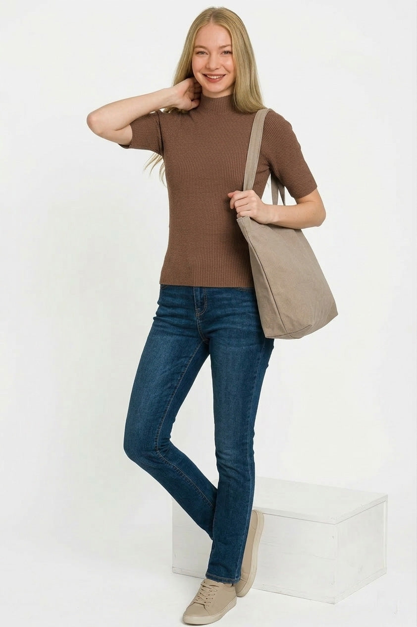Zenana Ribbed Mock Neck Sweater in Brown