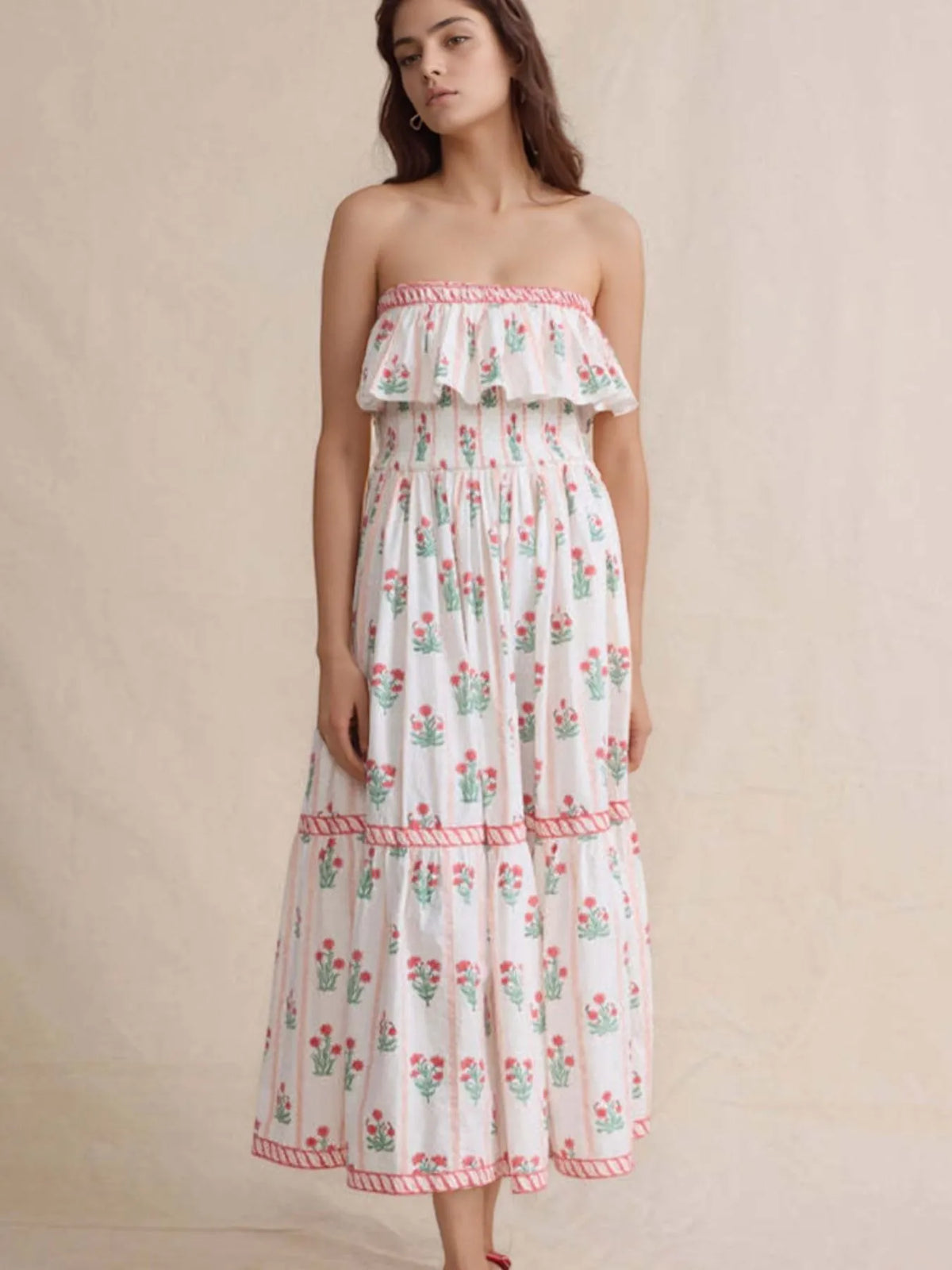 Floral Strapless Ruffle Dress in White