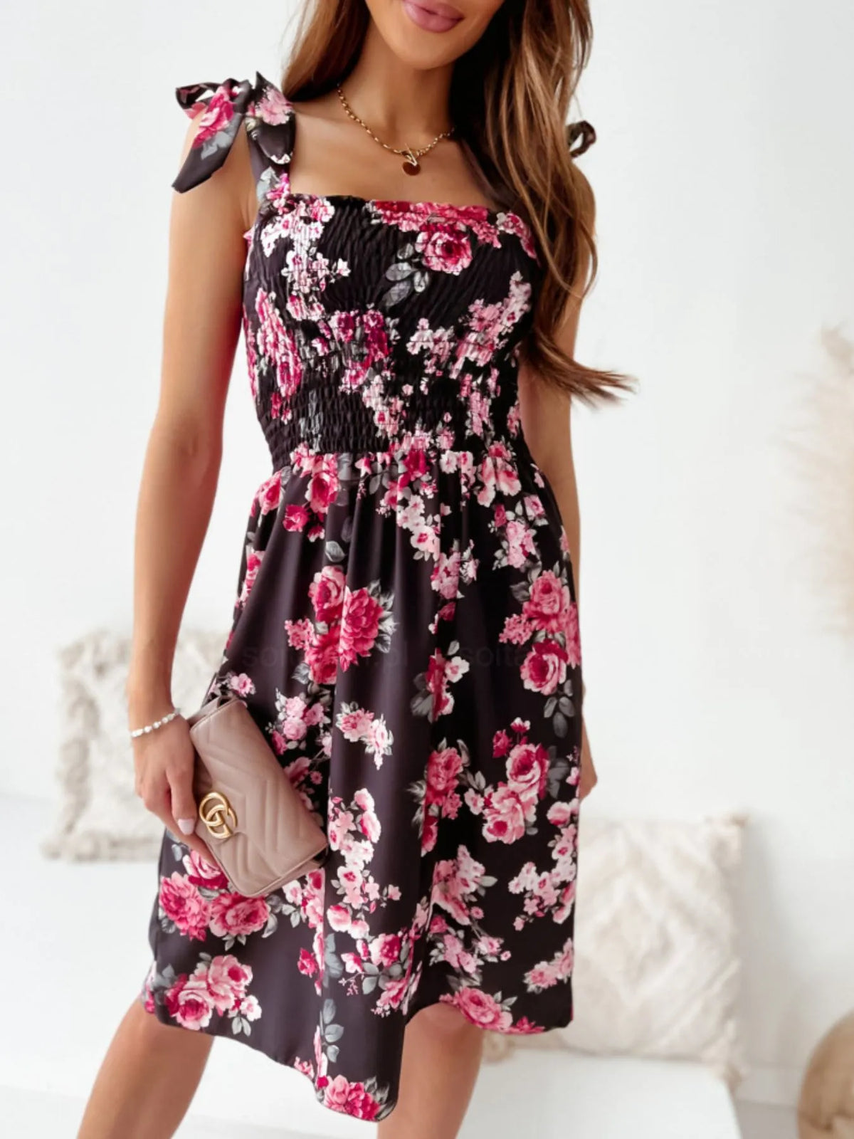 Floral Smocked Tie-Shoulder Dress