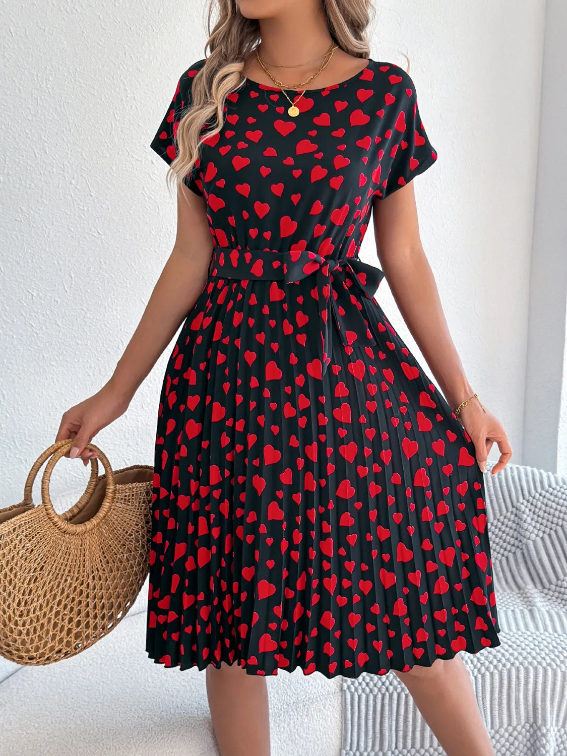 Heart Print Tie Waist Dress
