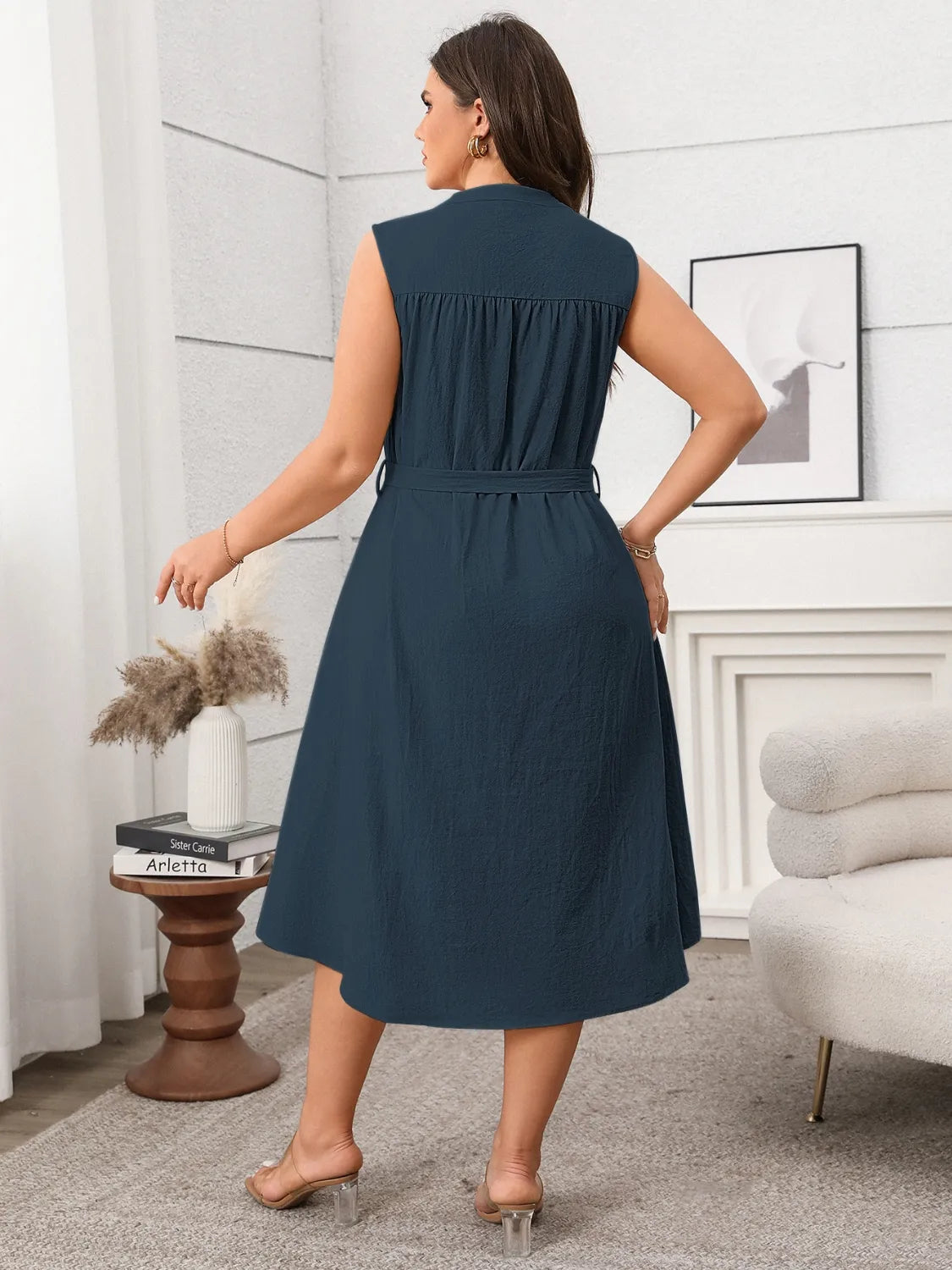 Plus Size Button Front Tie Waist Dress