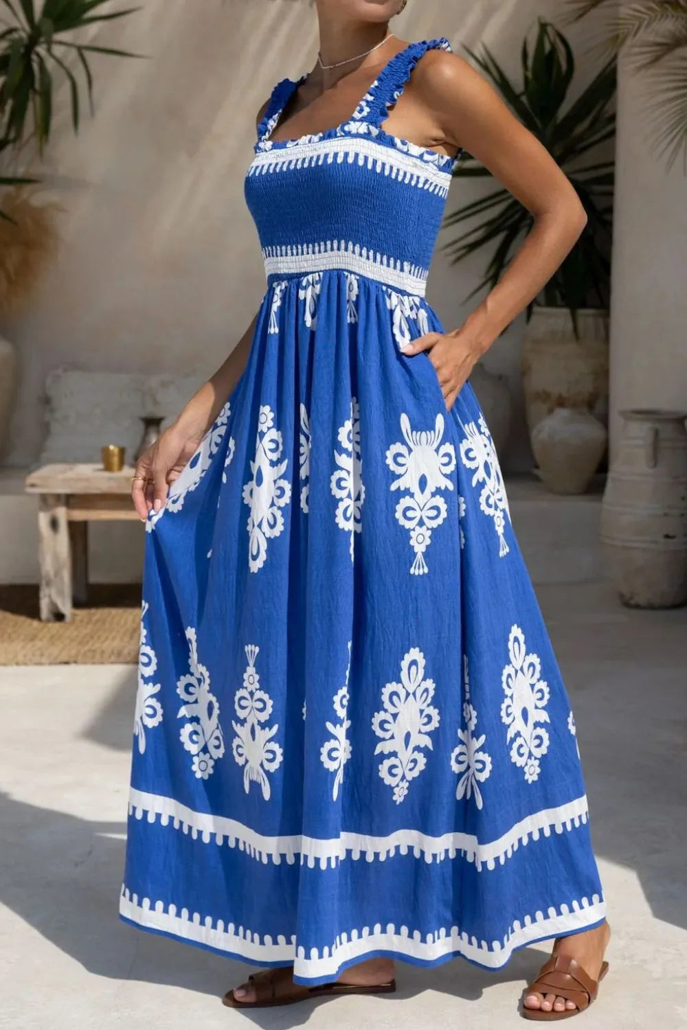 Printed Square Neck Cami Dress with Pockets