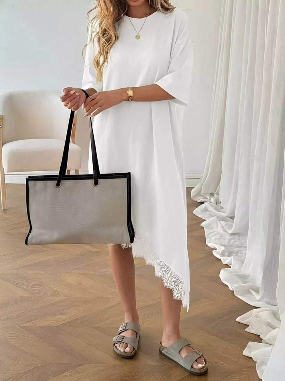Asymmetrical Hem T-Shirt Dress with Lace Trim