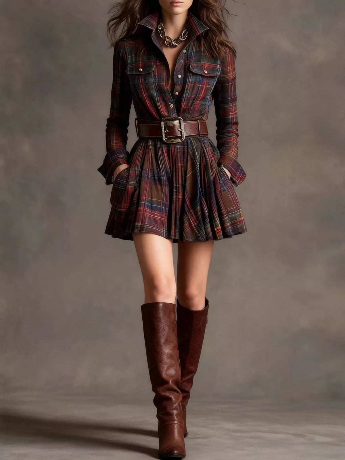 Plaid Long-Sleeve Shirt Dress with Belt