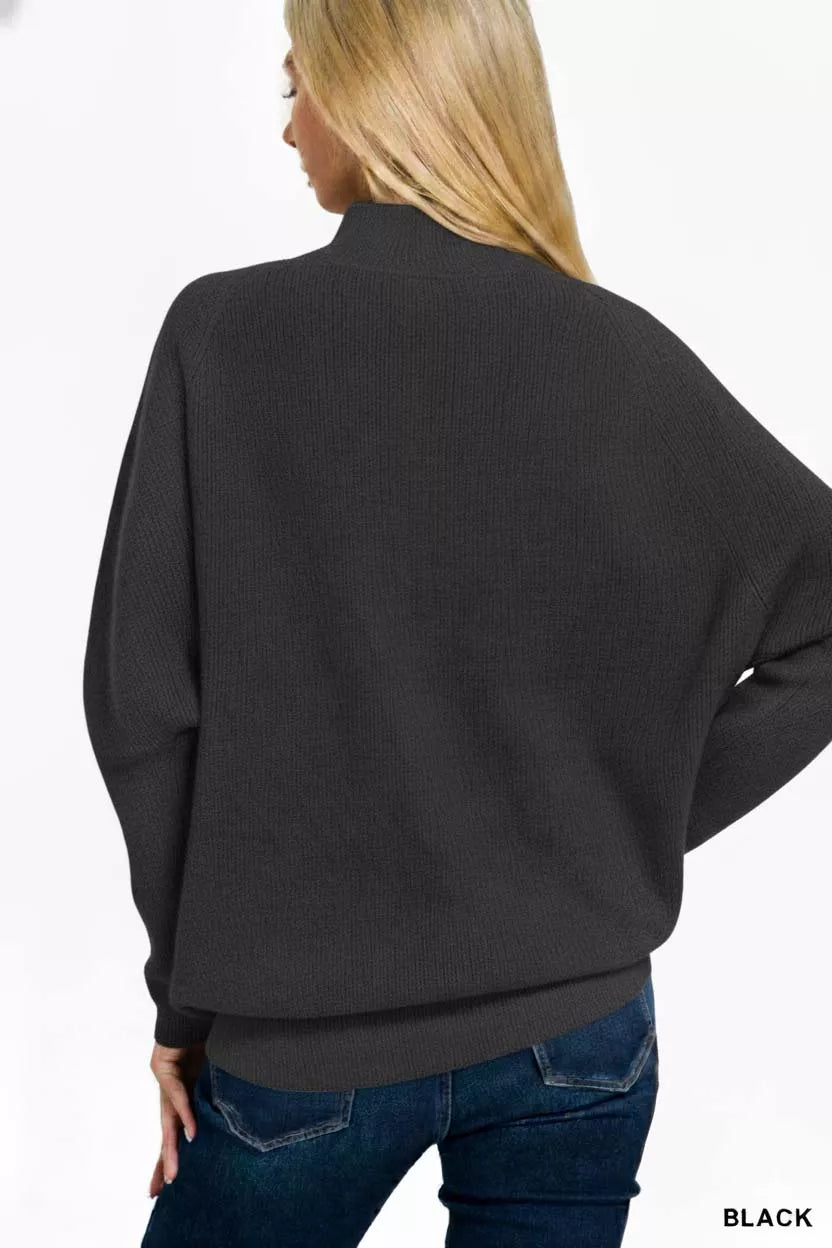 Zenana Dolman Sleeve Mock Neck Sweater in Black