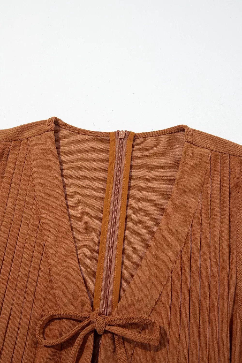 Tie V-Neck Corduroy Romper in Caramel
