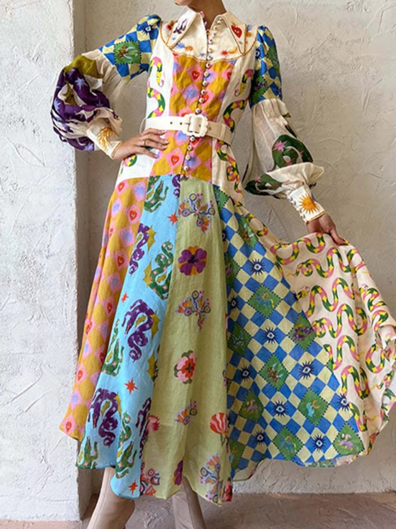 Smocked Lantern Sleeve Maxi Dress in Multicolor