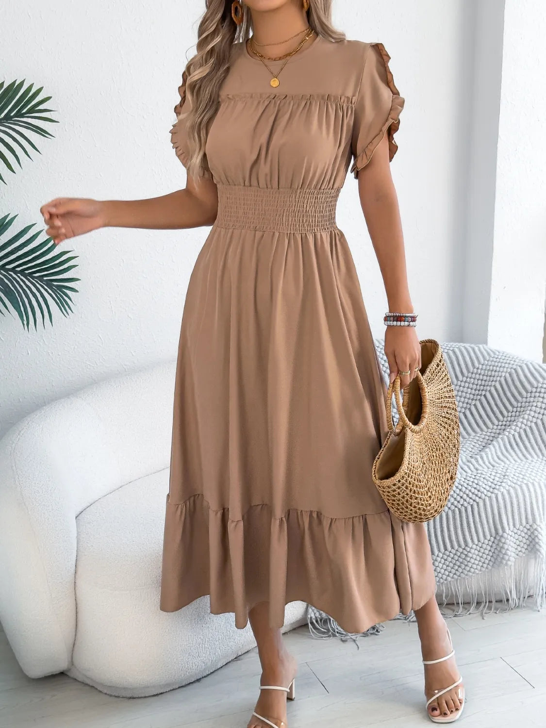 Smocked Frill Round Neck Midi Dress