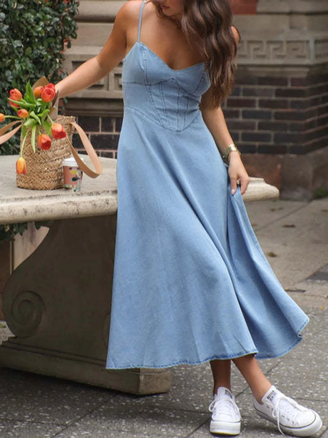Smocked Midi Cami Dress in Light Blue