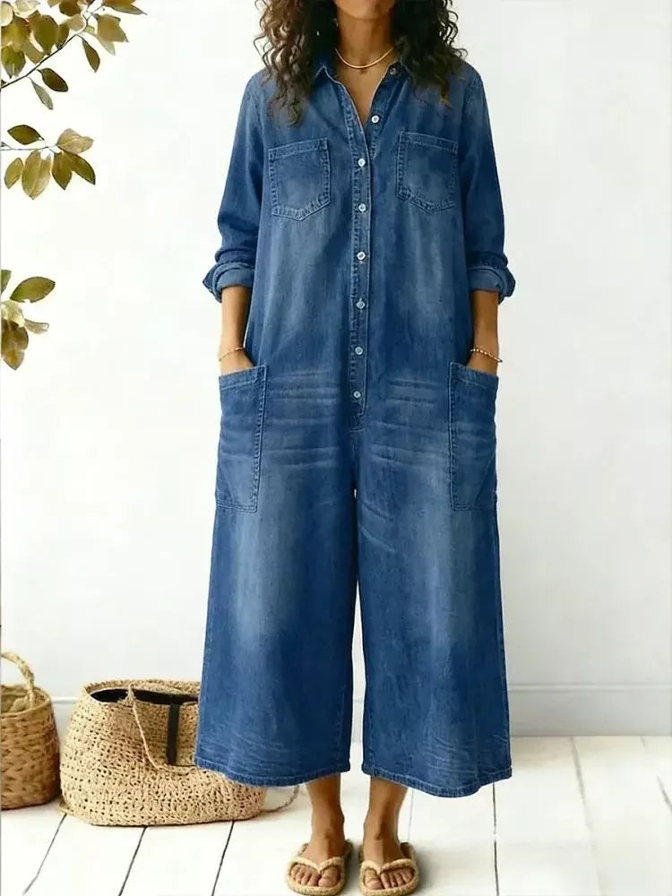 Button Front Wide-Leg Jumpsuit with Chest Pockets